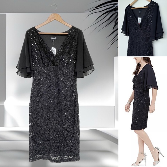 Connected Apparel Sequined Lace Dress Chiffon Flutter Sleeves - Picture 9 of 13